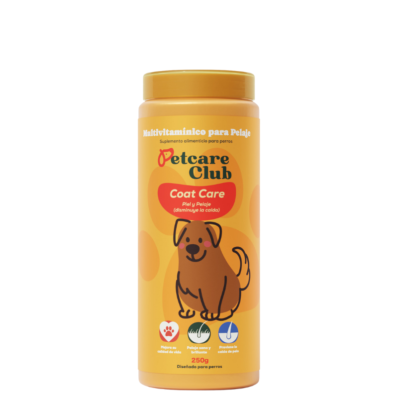 Petcare Club Coat Care multivitamin for dogs, 250g bottle with dog illustration.