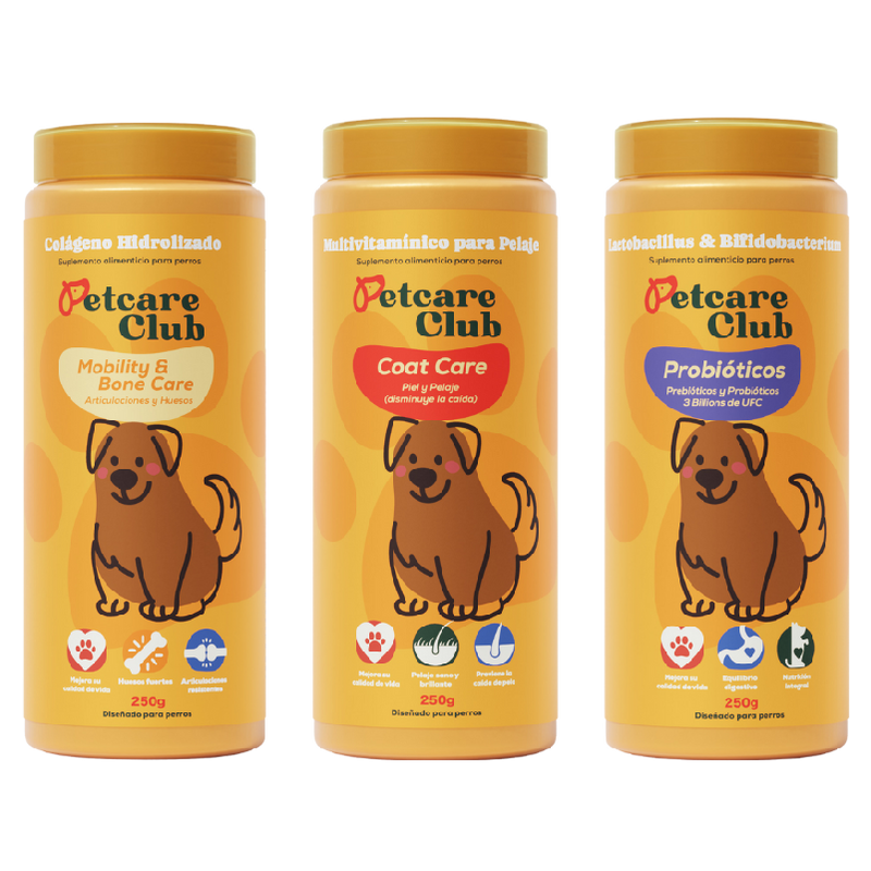 Three Petcare Club supplement containers with cartoon dog illustrations.