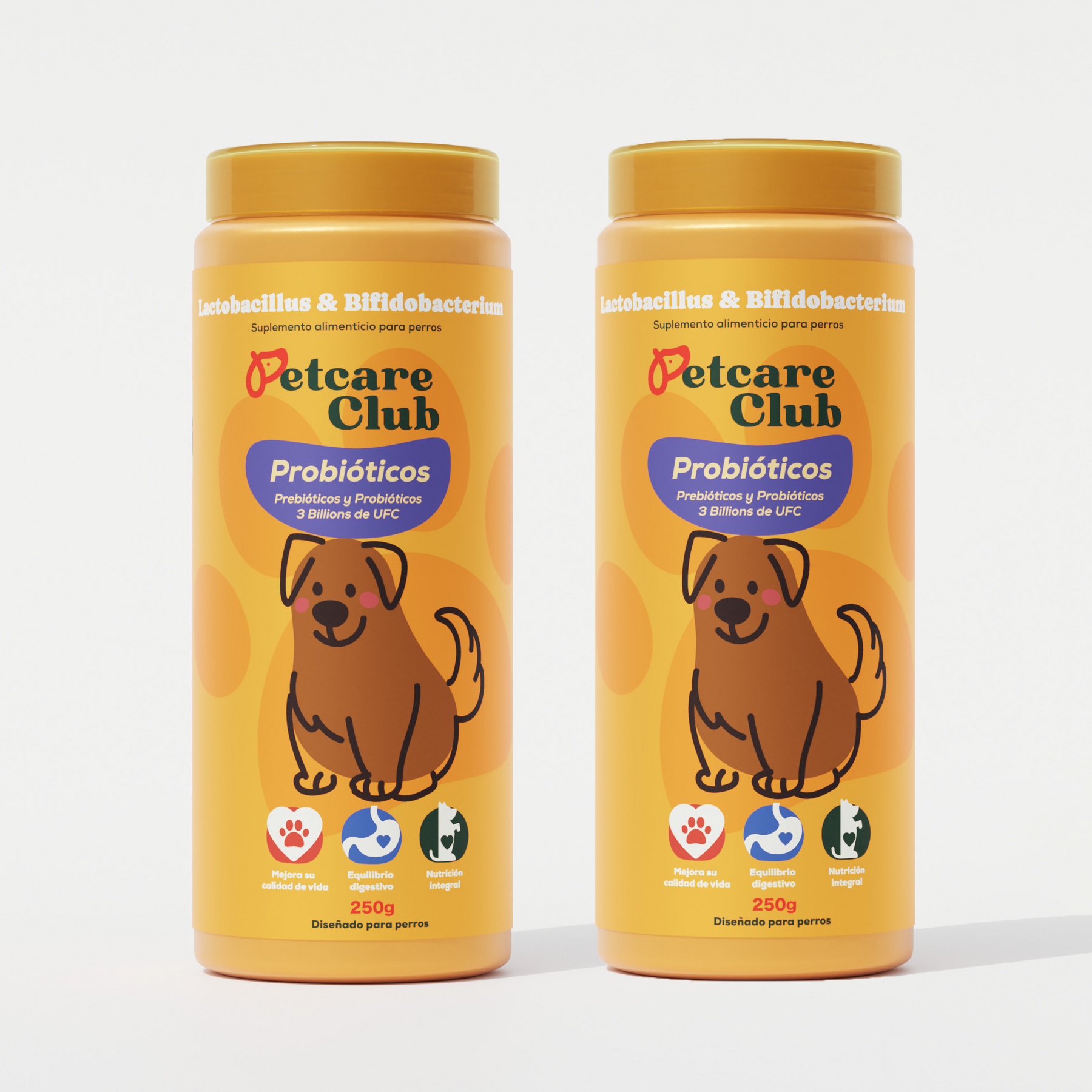 Two bottles of pet probiotic supplement for dogs with illustrated label.